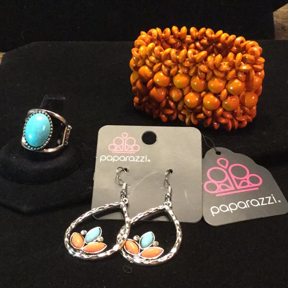 Bundle: Orange & Blue Trio: Bracelet, Earrings & Ring.